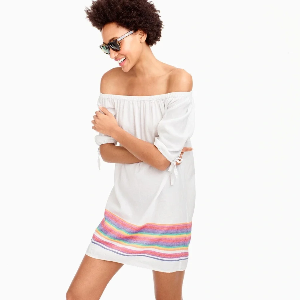 J. Crew rainbow off shoulder linen mini dress